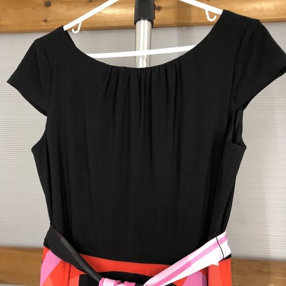SLNY Black Scoop Neck Cap Sleeve Chiffon Multicolor Asymmetrical Maxi Dress Sz8 - Picture 3 of 16